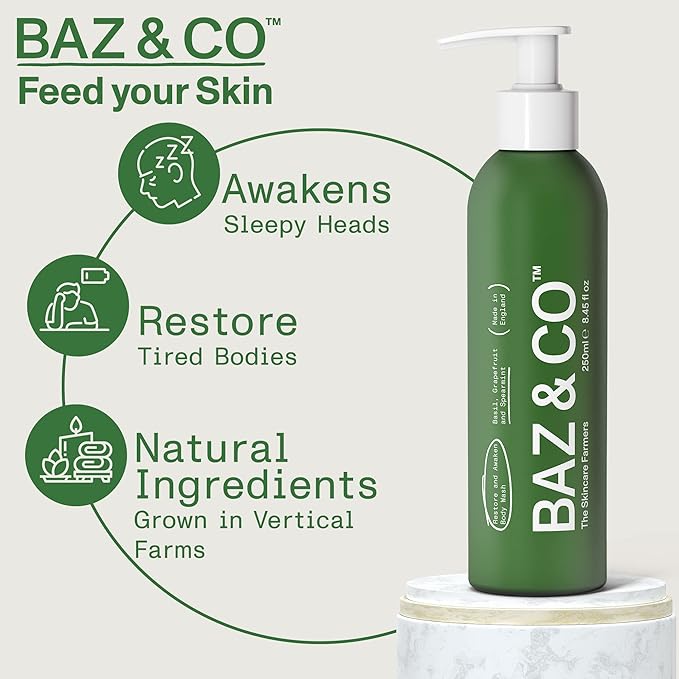 BAZ & CO Mens Moisturizing Body Wash - Restore and Awaken Body Wash for Men 8.45 Fl Oz with Basil, Grapefruit and Spearmint