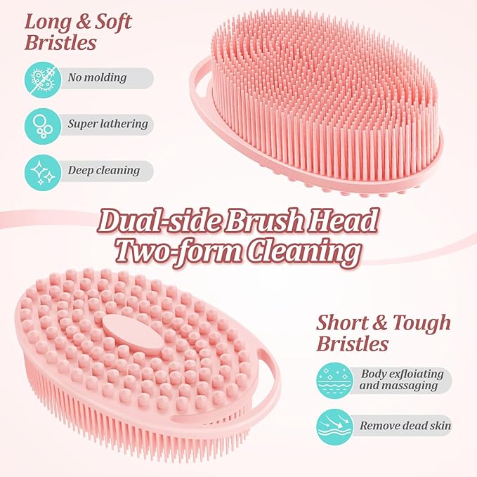 Silicone Back & Body Scrubber Set 2PCS, 13.4'' Gentle Exfoliating Back Scrubber with Dual-Side Head and Non-Slip Handle, Hygienic Silicone Loofah with Soft Bristles and Massage Dots(Pink-2PC)