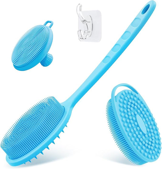 Silicone Back & Body & Face Scrubber Set 3PCS, Gentle Exfoliating Back & Body Scrubber with Dual-Side Brush Head, Hygienic Silicone Loofahs with Soft Bristle and Non-Slip Handle(Blue-3PC)