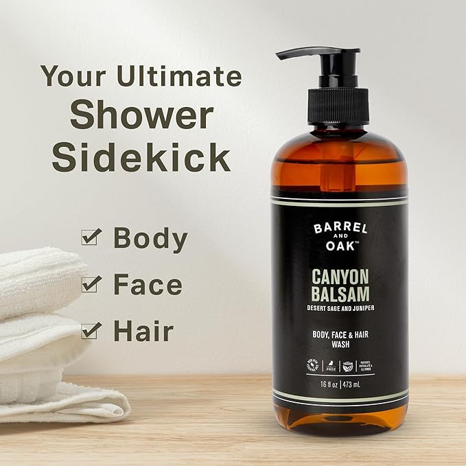 Barrel and Oak - All-In-One Body Wash, Men's Body Wash, Men's Soap for Hair, Face, & Body, Essential Oil-Based, Fir needle, Citrus Zest & Red Cedar Blend (Canyon Balsam, 16 oz)