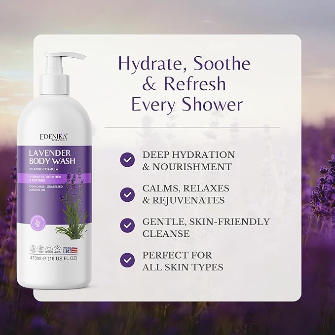 Edenika Lavender Body Wash with Vitamin E, Cleanses, Relaxes & Moisturizes, Stress Relief Shower Gel for Dry and Sensitive Skin, Women & Men, Organic & Natural, 16 fl oz, 2-Pack