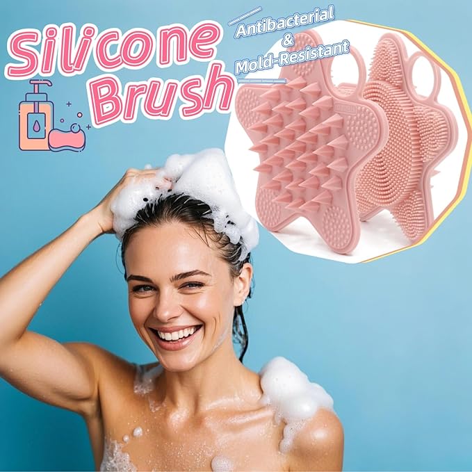 LUCKSTELLA 100% Silicone Dual-Sided Shower Brush – Star-Shaped Body Scrubber & Scalp Massager, Gentle for Hair & Skin (Pink)