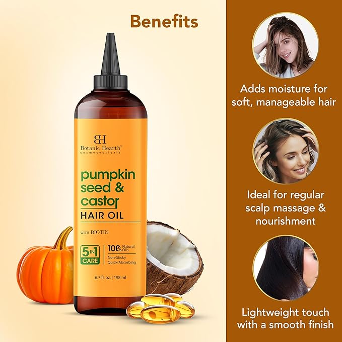 Botanic Hearth Pumpkin Seed & Castor Oil For Hair Growth (6.7 fl oz)| Infused with Pumpkin Seed, Castor, Biotin | Hair Oil Repairs Dry Damaged Hair, Strengthening, Moisturizing, Healthier Hair