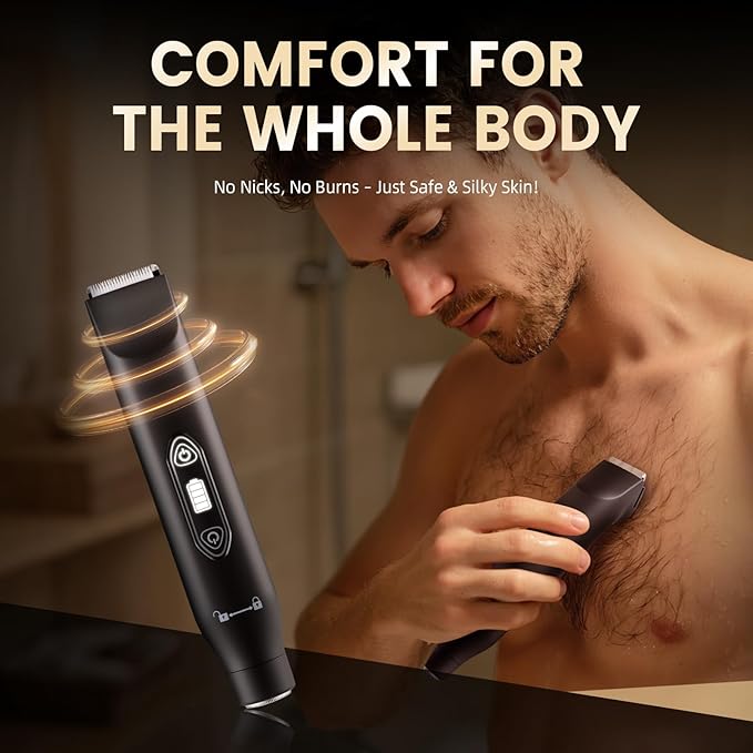 Body Hair Trimmer for Men，3 in 1 Electric Razor with Ceramic Blades, IPX7 Waterproof, USB Rechargeable, Painless Hair Removal for Face，Body，Nose，Groin, Travel Grooming Kit (Black)