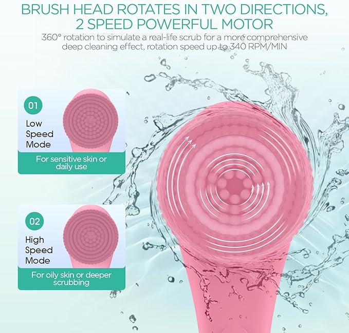 VOYOR Electric Body Brush Back Scrubber Silicone Body Scrubber Two-Way Rotating Brush Head for Deep Cleaning, Exfoliation, 4 Attachments Long Handle IPX6 Rechargeable Shower Brush BC300 (Pink)