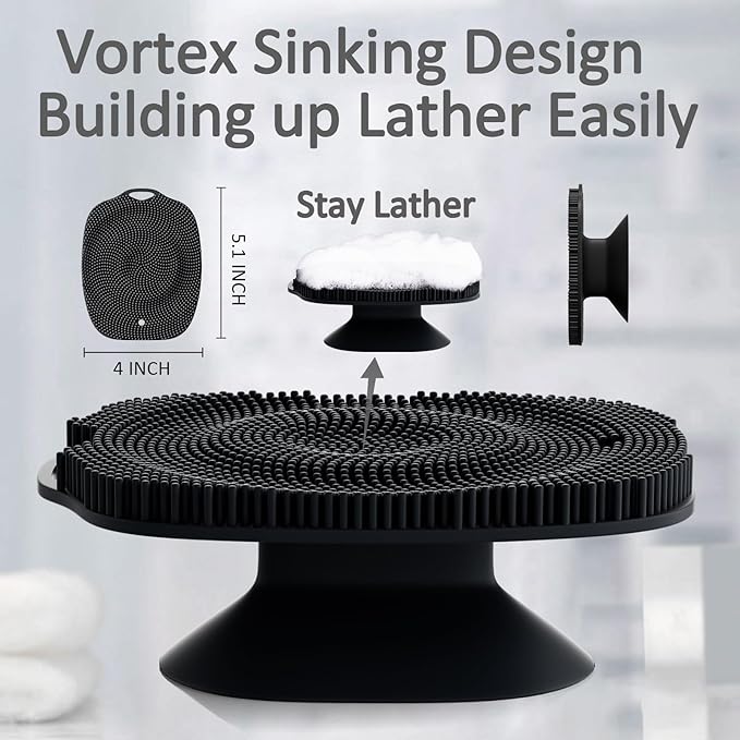 Soft Silicone Body Scrubber, Gentle Like a Hand Exfoliating Your Skin and Build Up Lather Easily, Back Large Suction Cup Easy to Store, Long-Lasting & Deep Clean (Black)