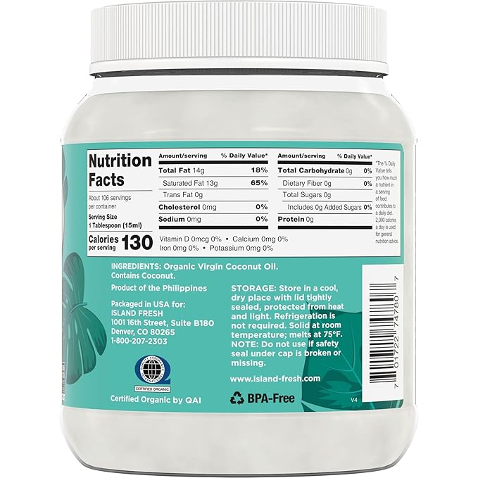 Island Fresh Organic Coconut Oil (54 oz) - Organic Virgin Coconut Oil Great for Baking, Versatile Cooking Oil, DIY Hair Oil & Skin Oil, Cold-Pressed, Certified Organic & Non-GMO