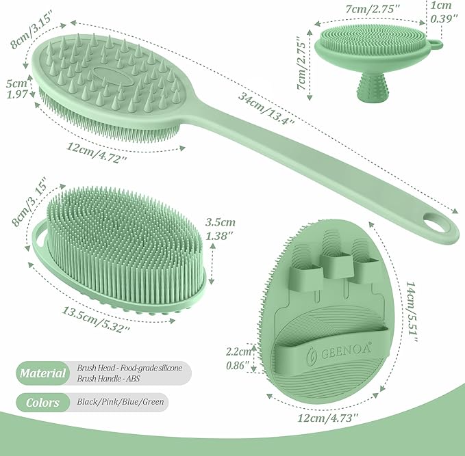 Silicone Back/Body/Face Scrubber & Soft Bath Glove Set 4PCS, Gentle Exfoliating Back & Body Scrubber with Dual-Side Brush Head, Hand-fit Bath Glove & Face Scrubber for Deep Cleaning(Green-4PC)