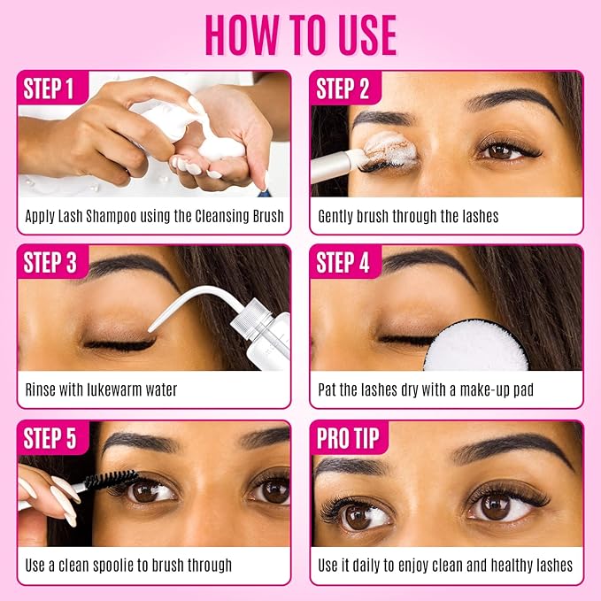 STACY LASH Lash Shampoo Kit Foaming Cleanser with Eye Lash Spoolies & Rinse Bottle & Cleansing Pad & Brush for Eyelash Extensions & Clusters & Natural Eyelashes