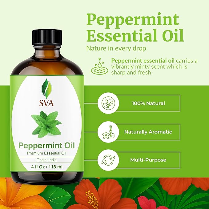 SVA Peppermint Essential Oil – 4 Fl Oz – 100% Natural Peppermint Oil - for Diffuser, Hair Care, Face, Skin Care, Aromatherapy, Scalp and Body Massage, Soap and Candle Making - with Dropper