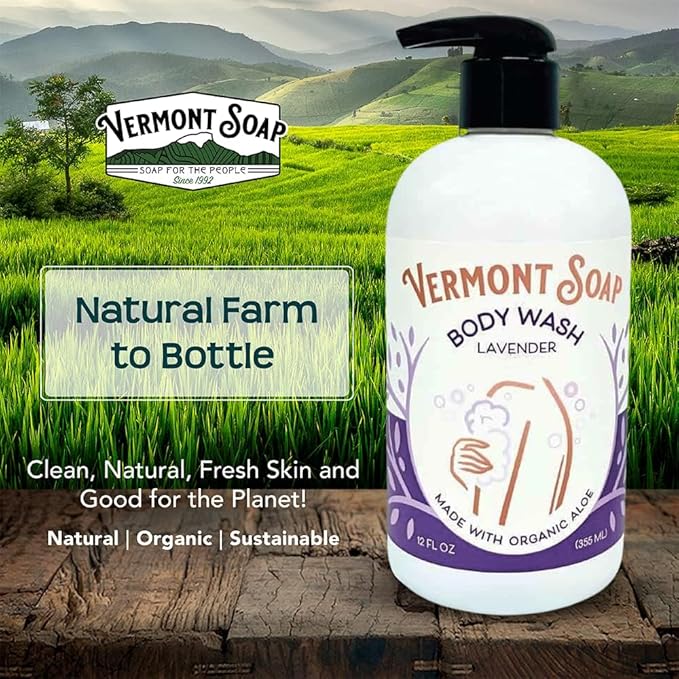 VERMONT SOAP Body Wash, Natural Body Wash with Shea Butter, Mild Gel Body Wash for Moisturizing and Soothing Skin, Fragrance Free Body Wash for Women & Men (Lavender, 12oz)