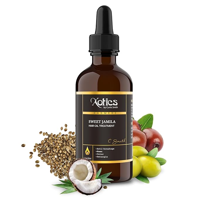 Xotics Sweet Jamila Hair Oil - Natural Hair Growth Oil with Hempseed, Argan, Olive & Coconut Oil for Curly Frizzy Hair & Dry Hair - Organic Hair Oil for Black women (4oz)