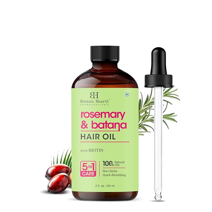 Botanic Hearth Rosemary & Batana Hair Oil with Biotin | 100% Natural Oils | Non-Sticky, Fast Absorbing | Promotes Hair Growth, Nourishment & Shine | 5-in-1 Hair Care | 2 fl oz / 60 ml - Hair Tonic