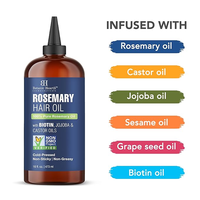 Botanic Hearth Rosemary Hair Oil with Biotin, Jojoba & Castor Oils – 100% Pure Cold-Pressed Rosemary Oil for Hair Growth, Scalp Massage & Nourishment – 16 fl oz with Scalp Massager - Hair Tonic