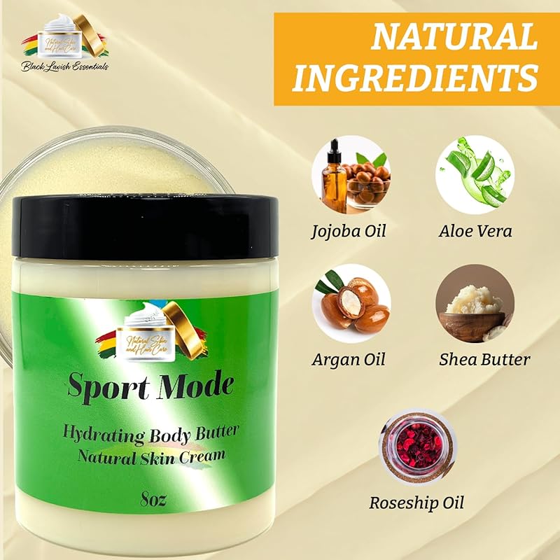 Ultra-Soft Shea Body Butter, Dry Skin Cream for Radiant Moisturized Skin, Natural Hydrating Body Lotion with Aloe Vera, Argan Oil, Rosehip Oil, (Sport Mode, 8oz)