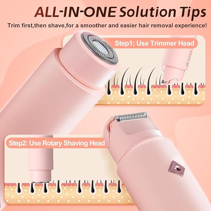 2 in1 Bikini Trimmer for Women, Dual-Head Electric Razor & Painless Hair Removal - Waterproof Cordless Lady Shaver for Body, Face Underarm, Intimate Areas, Facial Bikini Shaver (Pink)