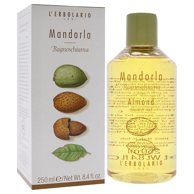 L'Erbolario Shower Gel - Moisturizing Body Wash for Dry Skin - Nourishing Body Soap with Sweet Almond Extract - Warm Amber Scent - Almond - 8.4 oz