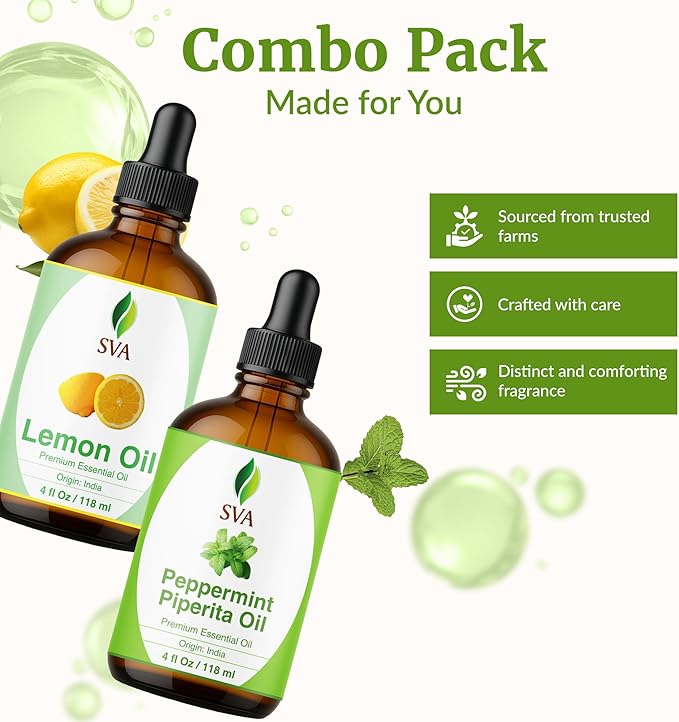 SVA Peppermint Essential Oil and Lemon Essential Oil 4oz Bundle Super Saver Combo – Premium Grade Value Set for Aromatherapy, Scalp Massage, Hair Care, Skin & Body