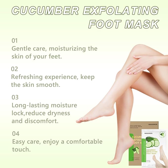 Foot Peeling Mask, Cucumber Exfoliating Feet Peel Mask, Remove Dead Skin Callus Repair Heels, Foot Moisturizing, Foot Mask For Cracked Feet (3PAIRS)