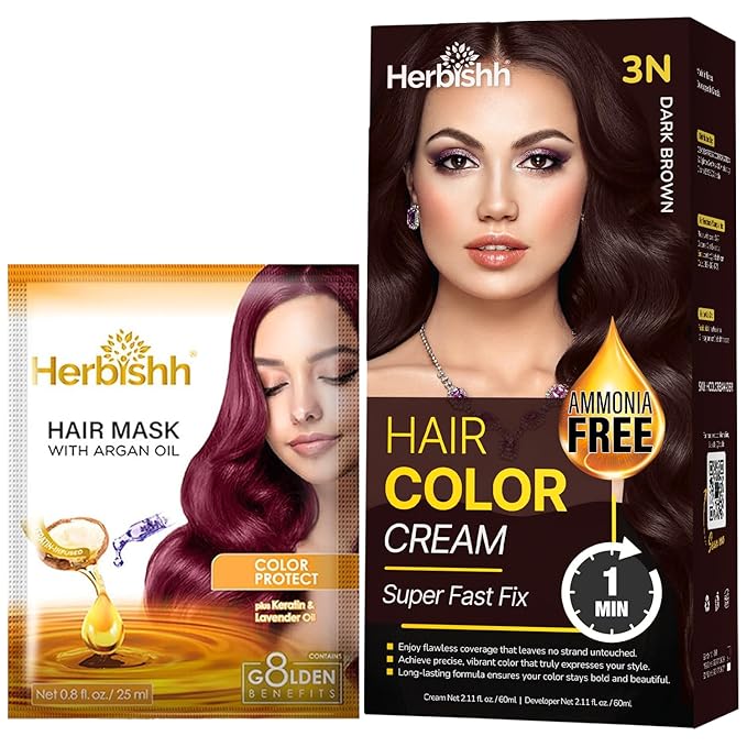 Dark Brown Rapid Infusion Hair Color Cream, Permanent Hair Dye in One Minute with Comb Applicator and Argan Oil Deep Conditioning Hair Mask 0.8 FL OZ Combo Pack