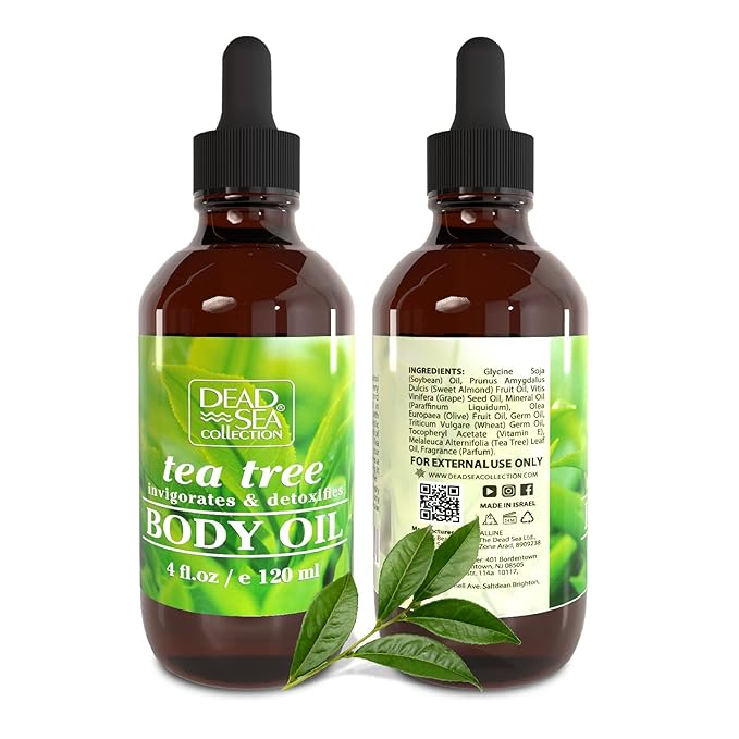 Dead Sea Collection Body Oil with Tea Tree-Dry Skin Moisturizer and Hydrating Massage - Nourishing Bath Oil - Increase Skin Elasticity and Provide Anti-Aging Support for Face and Body (4 fl.oz)