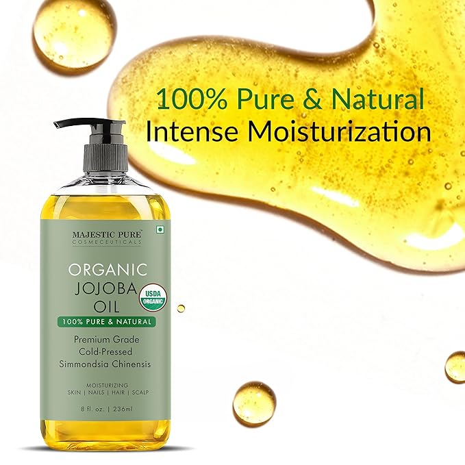 MAJESTIC PURE USDA Organic Jojoba Oil | 100% Pure Jojoba Oil for Skin, Hair, Scalp, Nails, Face | Cold Pressed & Hexane Free | Hair & Body Oil | 8 Fl Oz