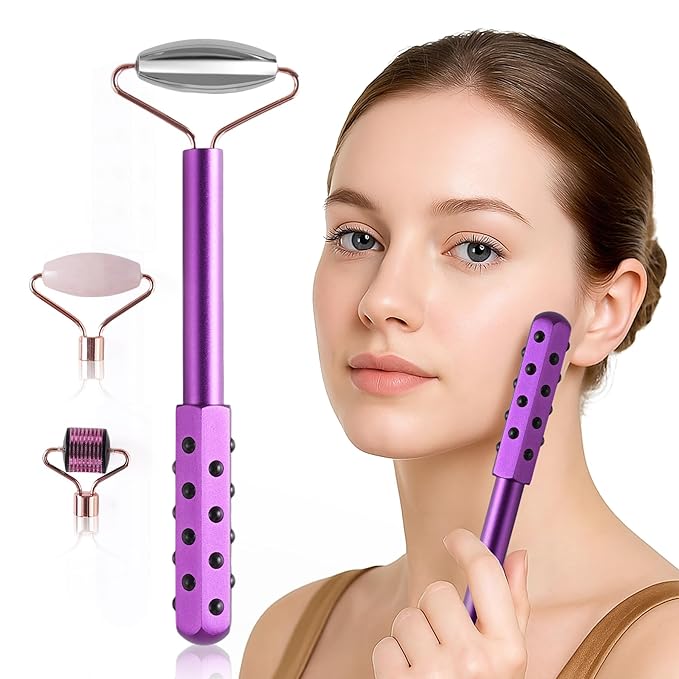 4-in-1 Germanium Stone Face Massager Beauty Roller for Up Lifting and Skin Care, Anti-Aging Beauty Tool with 3 Replaceable Heads - Jade Stone, Stainless Steel and 0.25mm Microneedle