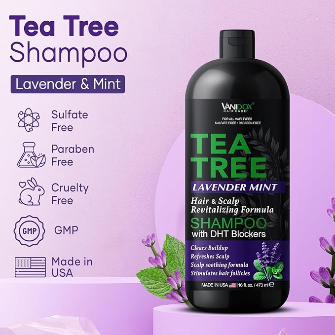 Tea Tree Oil Shampoo with Lavender & Mint | DHT Blocker Blend | Gently Cleanses Scalp, Helps Remove Buildup & Flakes | For Men & Women | Made in USA | 16 fl oz