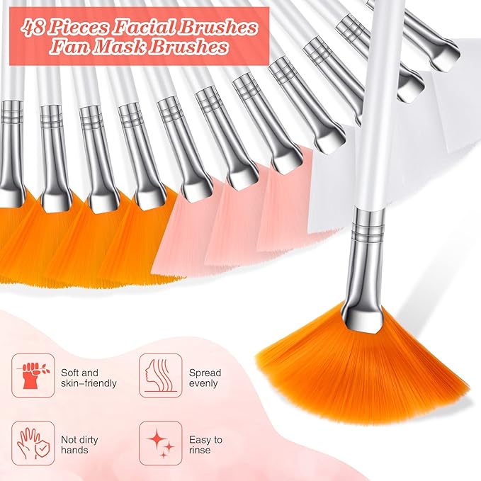 48 Pcs Fan Brushes Facial Applicator Brush Multi Use Makeup Face Mask Brush Soft Peel Brush Applicator for Women Girls Esthetician Spa Acid Mud Cream Masques Cleansing Tools, Pink, White, Orange