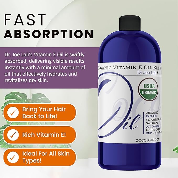 Dr Joe Lab Vitamin E Oil for Skin, Organic Vitamin E Oil for Hair, Face, Body Oil, Pure Natural Cold Pressed Unrefined, Moisturizes & Nourishes, Non-GMO - 16 Oz