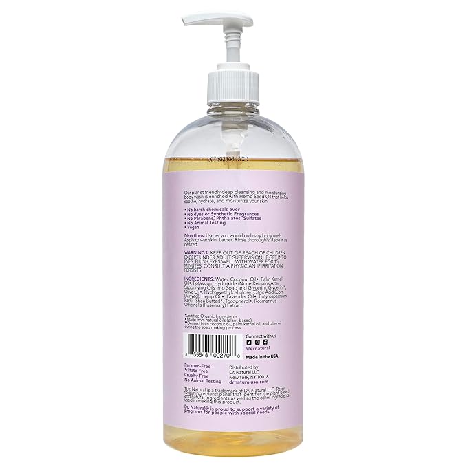 Dr. Natural Hemp Body Wash - Natural for Sensitive Skin - Moisturizing - Anti-Aging and Acne Reduction - Calming Lavender - 32 oz