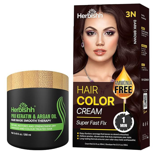 Dark Brown Rapid Infusion Hair Color Cream, Permanent Hair Dye in One Minute with Comb Applicator and Argan Oil Deep Conditioning Hair Mask 8.45 FL OZ Combo Pack
