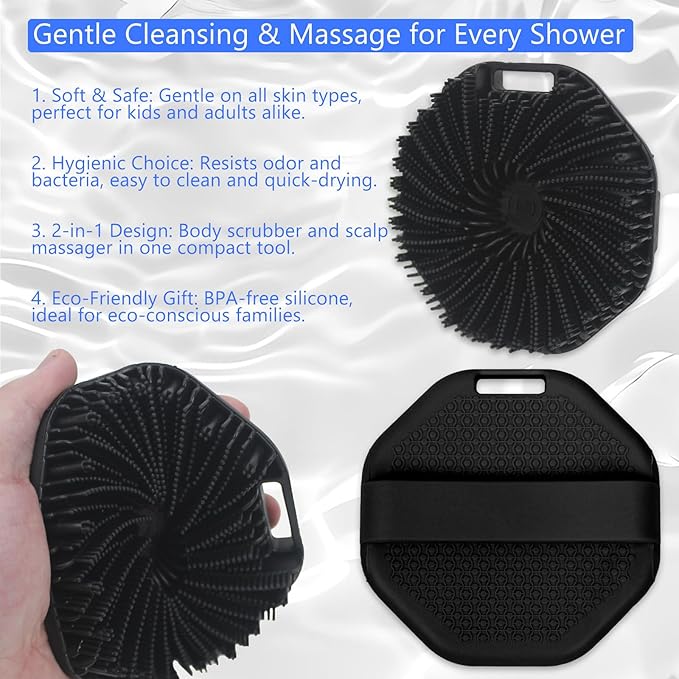 Silicone Body Scrubber – Exfoliating Body Brush for Shower, Soft Silicone Scrub for Men & Women, Shower Scrubber for Skin Care, Body and Face Scrub (Black)