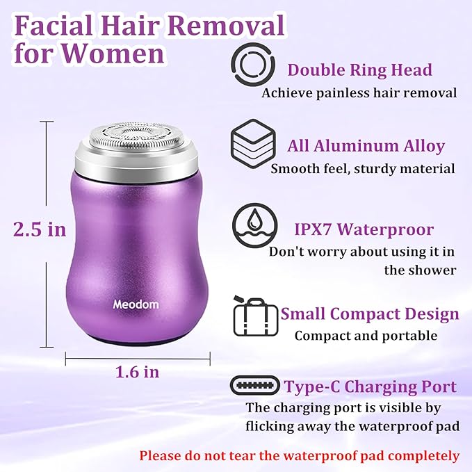 Facial Hair Removal for Women, Painless Womens Epilator Hair Remover with Waterproof USB Rechargeable, Cordless Electric Razor/Shaver for Bikini,Upper Lip,Arm,Legs,Peach Fuzz (Purple)