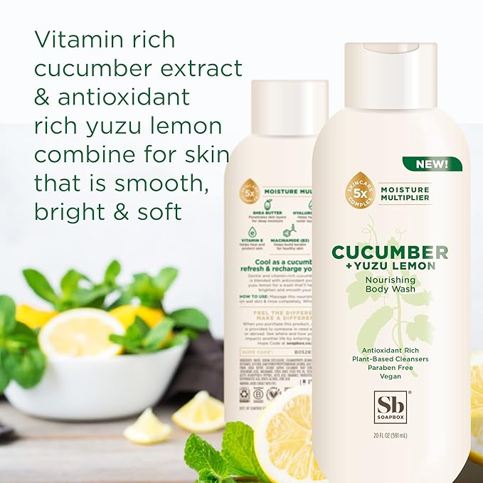 Soapbox Cucumber + Yuzu Lemon Body Wash for Women, Men, Vegan + Antioxidant Rich, Soothing, Moisturizing Soap with Shea Butter, Peptides & Keratin Promoting B3, 3 Pack, 20oz Each