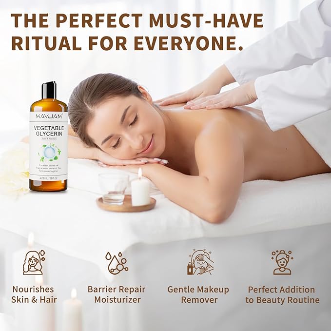 100% Natural & Pure Vegetable Glycerine, 16 fl. oz. Vegetable Glycerin Liquid Body Oil for Skin, Face, Hair Care, Massage Oil for Moisturizing and Hair Benefits, Carrier Oil for Essential Oils