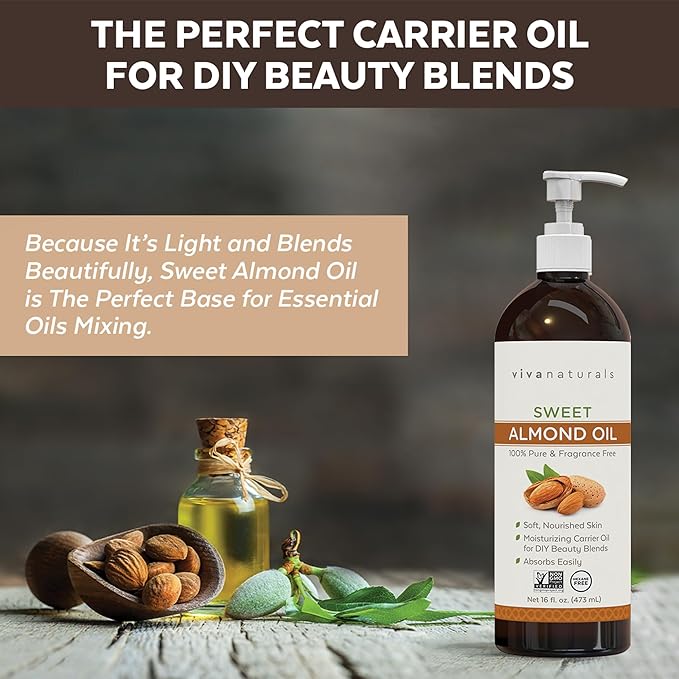 Viva Naturals Sweet Almond Oil for Skin - Body Oil, Hair Moisturizer and Relaxing Massage and Oil, Carrier Oil for Essential Oils Mixing, Non-Greasy Pure Sweet Almond Oil for Hair and Skin, 16 fl oz