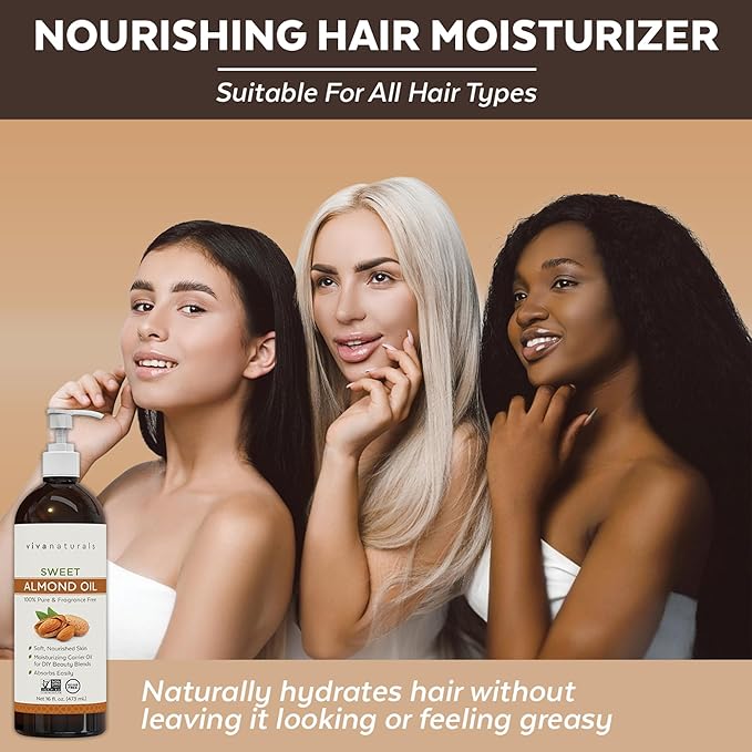 Viva Naturals Sweet Almond Oil for Skin - Body Oil, Hair Moisturizer and Relaxing Massage and Oil, Carrier Oil for Essential Oils Mixing, Non-Greasy Pure Sweet Almond Oil for Hair and Skin, 16 fl oz