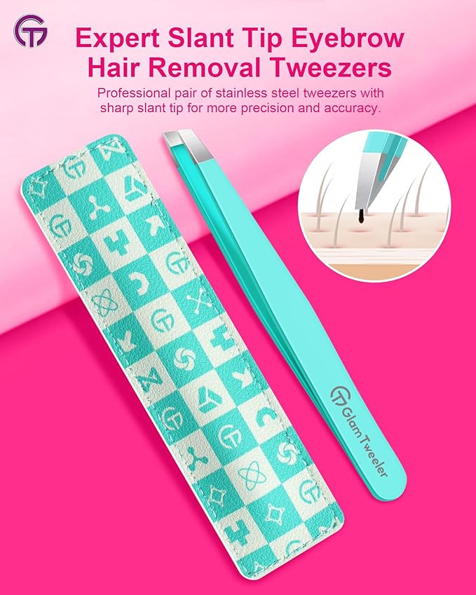 Expert Eyebrow Hair Removal Tweezer with Leather Case, GlamTweeler High Precision Slant Tip Stainless Steel Tweezers for Men and Women (Robin's Egg Blue)