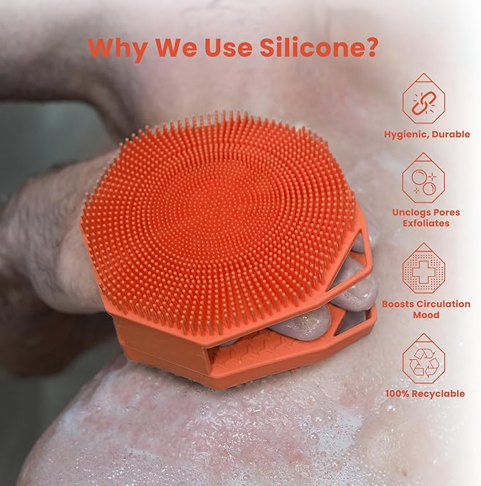 iTokGok® Premium 2-in-1 Silver-Infused Silicone Body Scrubber, Double-Sided Design Body Brush Silicone Body Scrubber Exfoliating Body Brushes for All Skin for Showering, Lathers Well - Orange