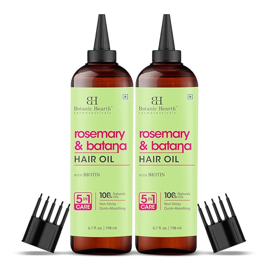 Botanic Hearth Rosemary & Batana Hair Oil with Biotin | 100% Natural Oils | Non-Sticky, Fast Absorbing | Promotes Hair Growth, Nourishment & Shine | 5-in-1 Hair Care | 6.7 fl oz Set of 2 - Hair Tonic