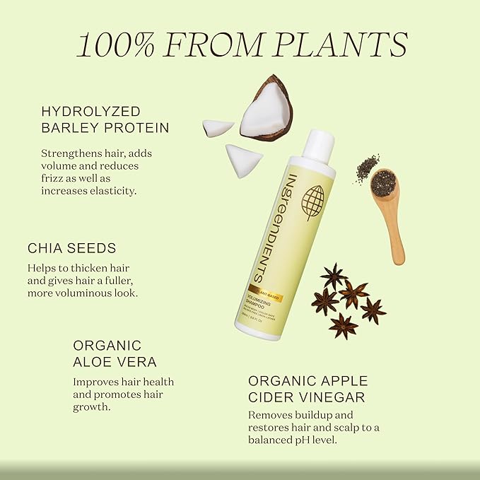 Non Toxic Vegan Volumizing Shampoo with Organic Ingredients For Fine Hair - Strengthening Barley Protein and Chia Seeds, Color Safe, Paraben & Gluten Free, Silicone & Sulfate Free