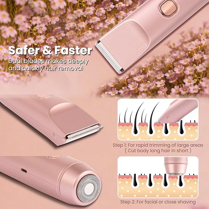 Bikini Trimmer for Women Electric Razors with IPX7 Waterproof & Low-Noise & Painless, Wet & Dry Use Electric Shaver for Women Support 60 Mins Runtime for Facial Hair Removal & Body & Intimate Areas