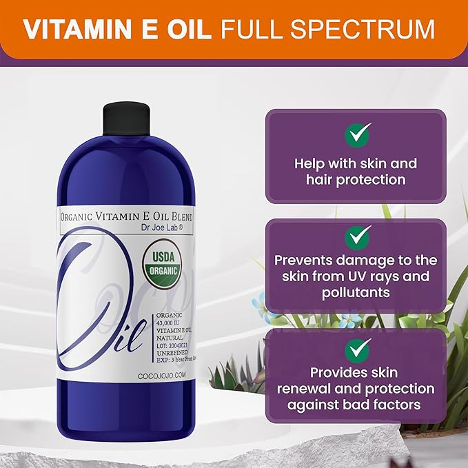 Dr Joe Lab Organic Vitamin E Oil 43,000 IU for Skin, Vitamin E Oil for Hair, Face, Liquid Body Oil, Pure Natural Cold Pressed Unrefined, Moisturizes & Nourishes, Non-GMO - 32 Oz