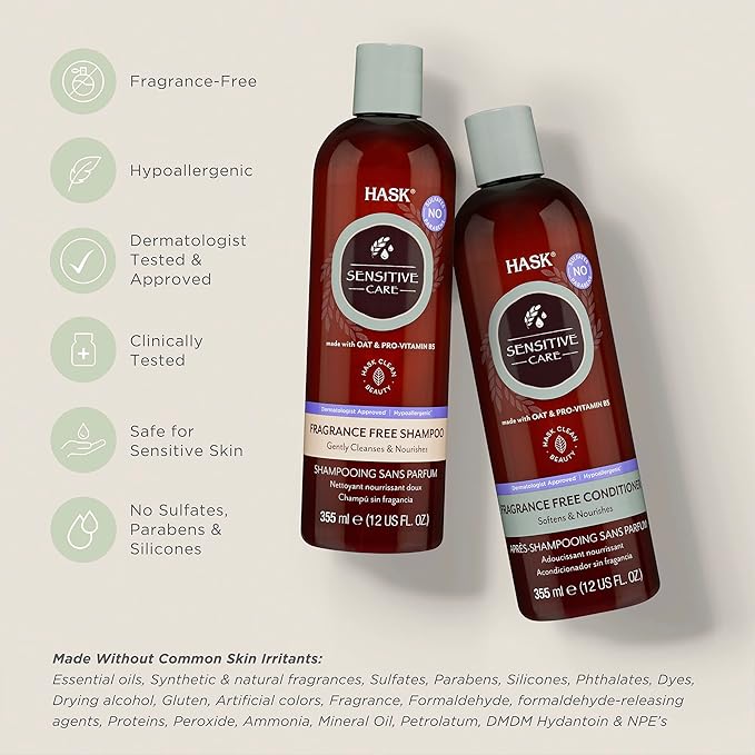 HASK SENSITIVE CARE Shampoo + Conditioner Set - Fragrance & Paraben Free, Vegan, Color Safe, Gluten & Sulfate Free, Cruelty-Free