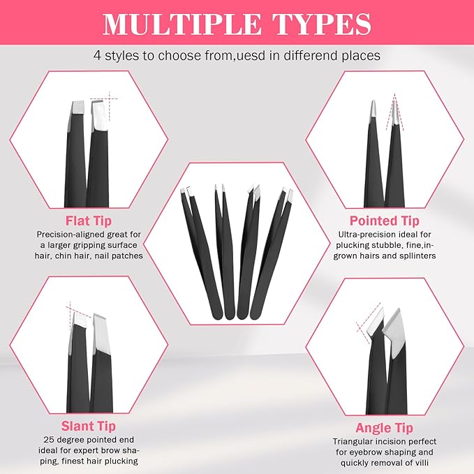 Tweezers Set, Hyxhappy 9 pcs Professional Stainless Steel Tweezer Kit for Women Facial Hair, Precision Plucke Tweezers with Luxurious Travel Case for Ingrown Hair Removal