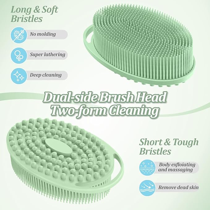 Silicone Back Body Face Scrubbers Set 4PCS, 15.35’’ Back Scrubber Soft Body Scrubber for Dual-Side Usage, Easy-to-Hold Soft Bath Glove & Face Scrubber for Good Foaming Deep Cleaning(Green)