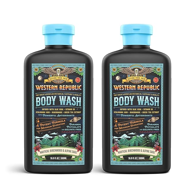 Men's Body Wash | Nautical Birchwood & Alpine Sage and Aviator's Eucalyptus & Fresh Citrus | Hydrating & Anti-Aging Formula with Aloe, Niacinamide & Hyaluronic Acid (2 Pack) | Made in USA