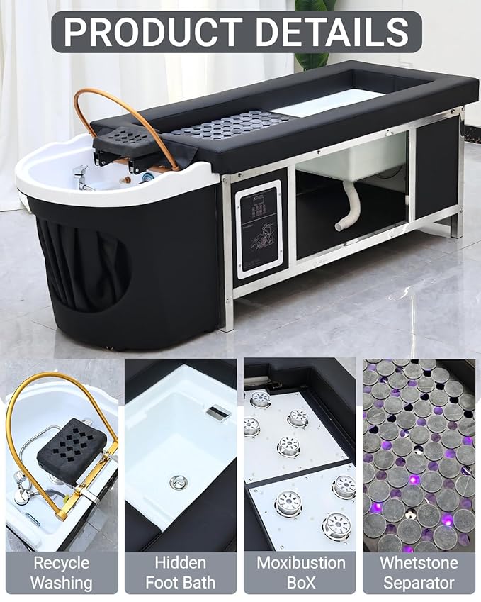 Head Spa Bed with Moxibustion & Heated Gua Sha Panels & Footbath, Massage Table Shampoo Bed Headspa Equipment with Fumigation and Water Cycle Hair Care (Foot Basin & Moxibustion)