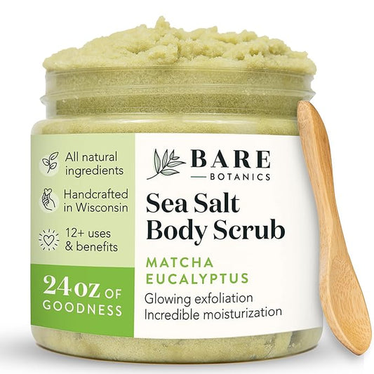 Bare Botanics Matcha Eucalyptus Body Scrub 24 oz - Naturally Scented Sea Salt Scrub Made in Madison, WI - Formulated w/Skin Loving Moisturizers - Vegan, Cruelty Free Exfoliator w/a Cute Wooden Spoon